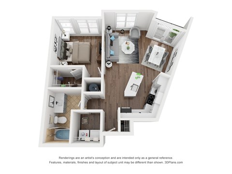 A 3D floor plan of a small apartment with a kitchen, living room, and bathroom.